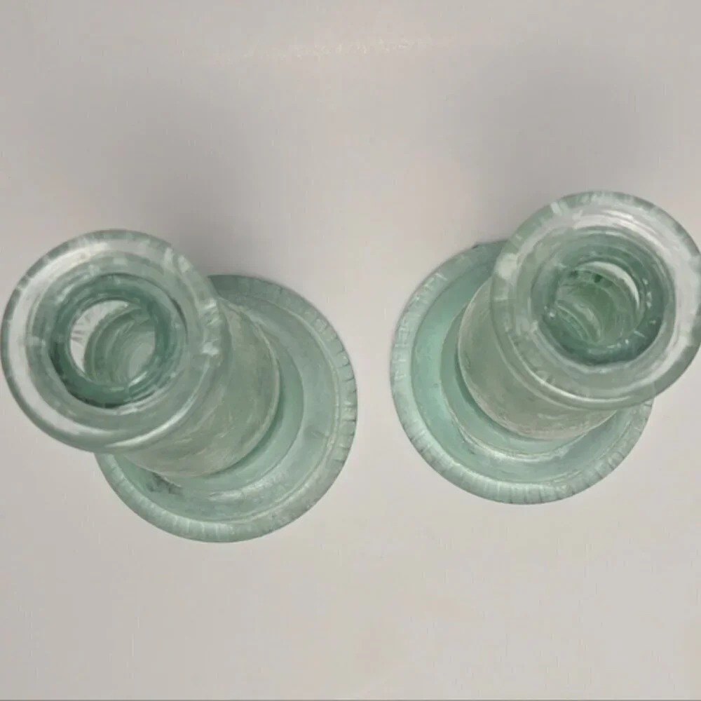 Spanish Recycled Green Glass Candlesticks Set 8” Vintage Style Pair